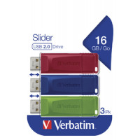 VERBATIM USB DRIVE 2.0 STORE ´N´ GO SLIDER 3 X 16GB RED/ BLU